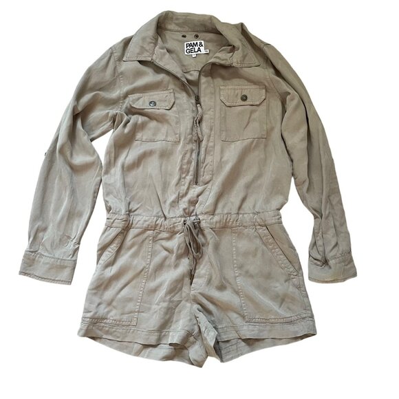 Pam & Gela Womens Long Sleeve Utility Romper Drawstring Waist Medium Lyocell Bei - Picture 3 of 11